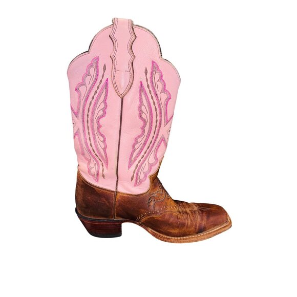 JUSTIN L2667 PINK TAN LEATHER SQUARE TOE COWBOY WESTERN COWGIRL GLAM BOOTS 7.5 - Picture 9 of 14
